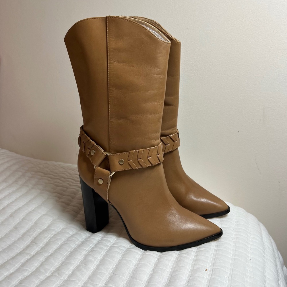 House of Harlow 1960 amelia Tan Leather Harness Block Heel Boots  Size‎ 7.5